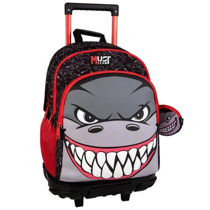 Kids rolling backpack with large shark face graphic, black and red, front zip pockets