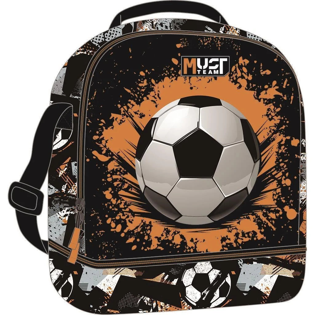 Isothermal lunch bag with soccer ball graphic, black and orange splash design