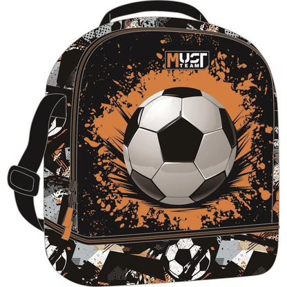 Isothermal lunch bag with soccer ball graphic, black and orange splash design