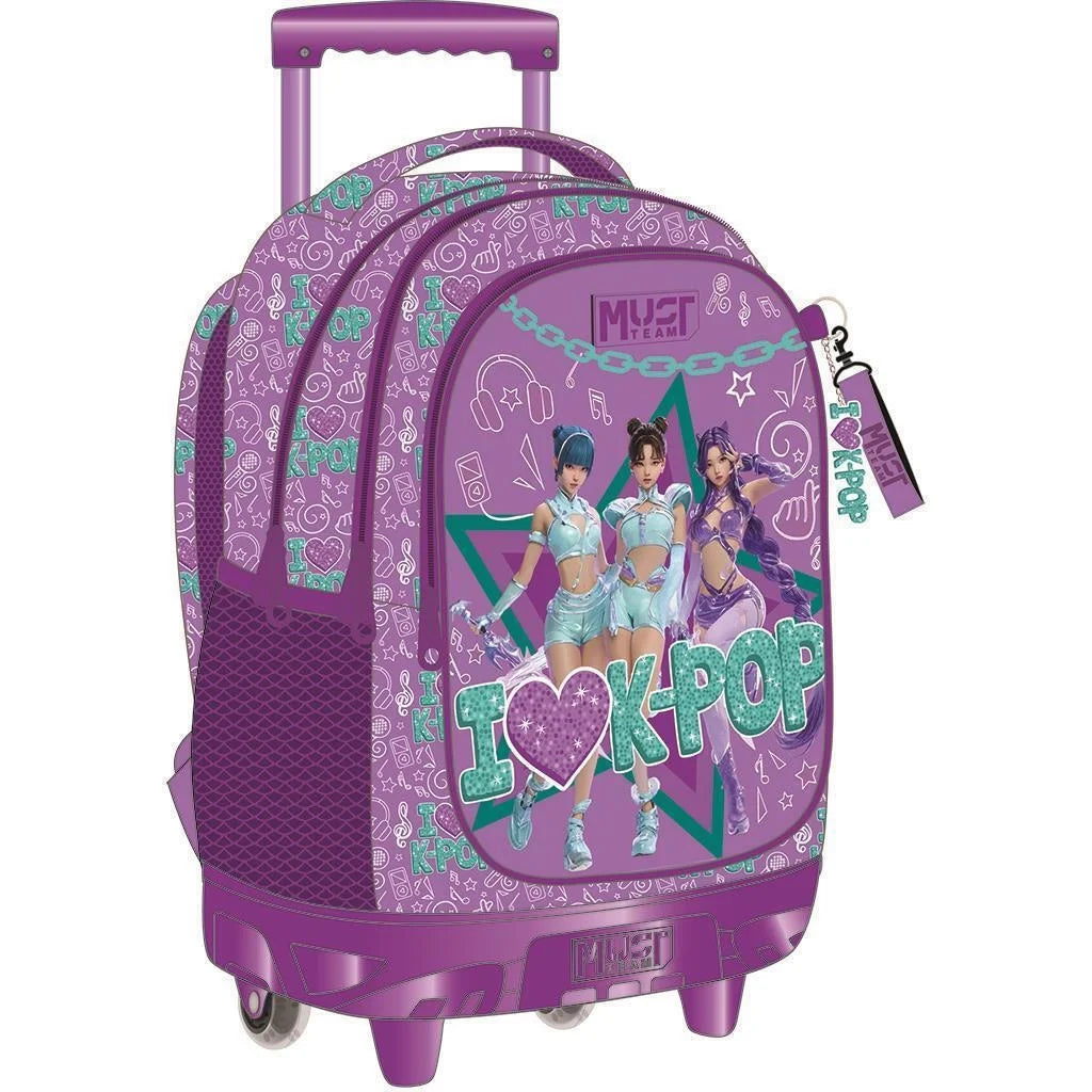 Purple K-pop trolley backpack with front design, pull handle, and wheels