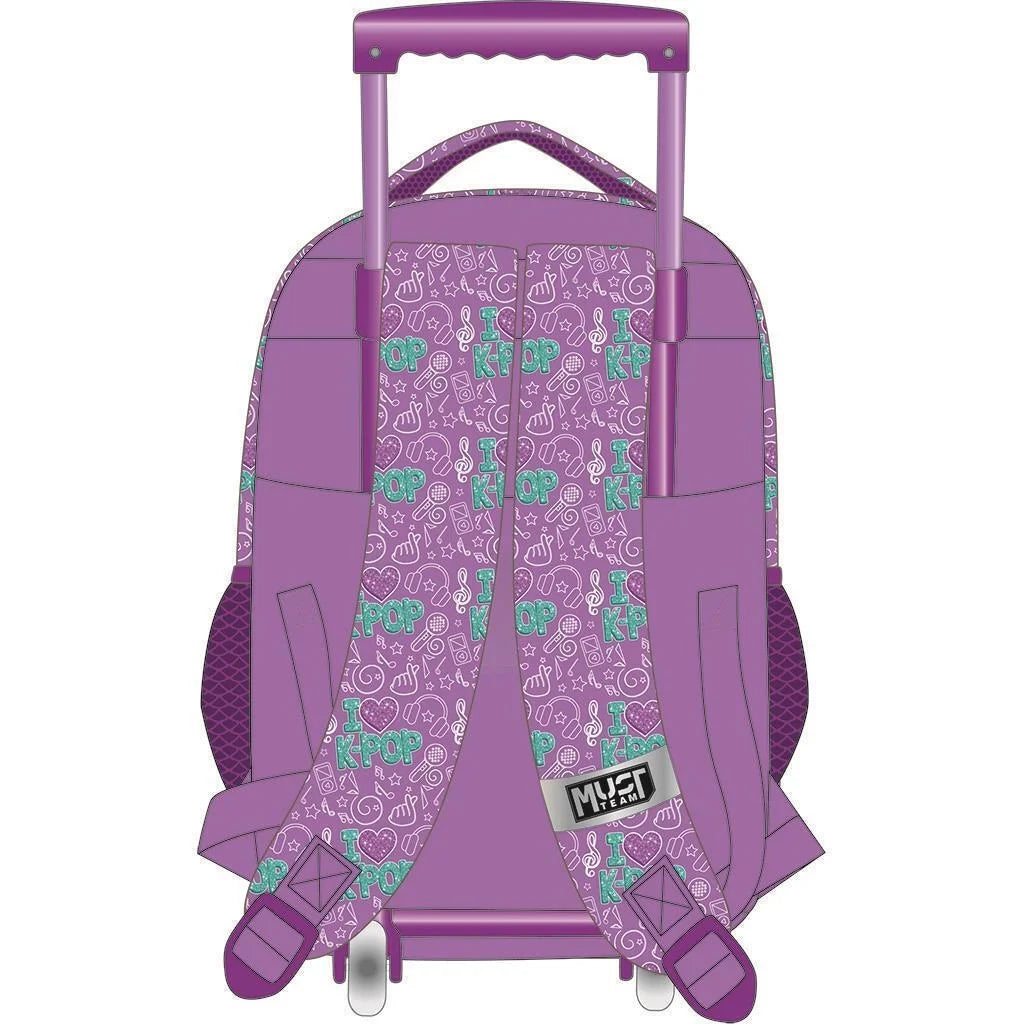 Purple K-pop trolley backpack with back panel, padded straps, and pull handle