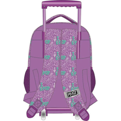 Purple K-pop trolley backpack with back panel, padded straps, and pull handle
