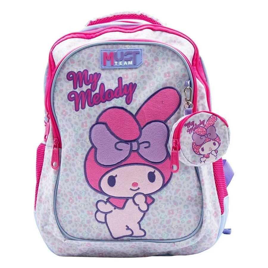 Kids backpack with My Melody front print, pink zippers, light blue body