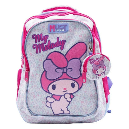 Kids backpack with My Melody front print, pink zippers, light blue body