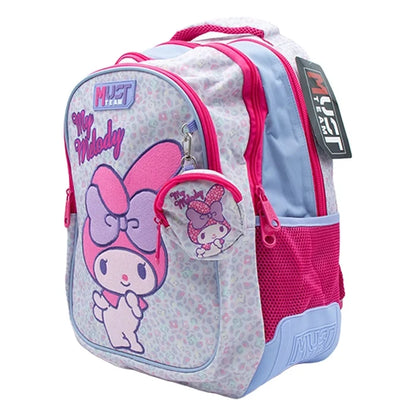 Kids backpack side view with My Melody, pink trim, front zippers, mesh pocket