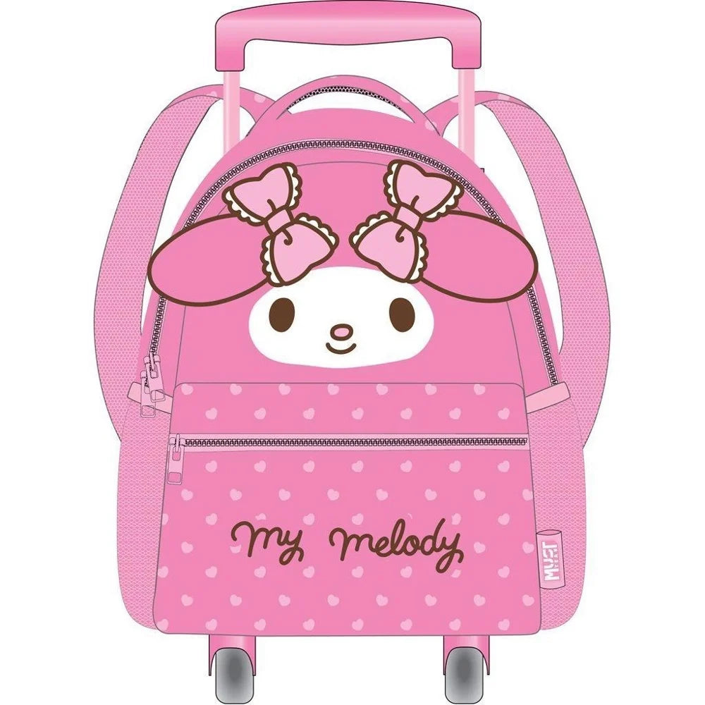 Pink preschool trolley bag with bunny ear face and front zip pocket