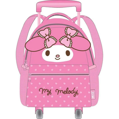 Pink preschool trolley bag with bunny ear face and front zip pocket