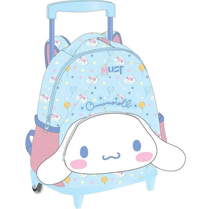 Light blue preschool trolley bag with Cinnamoroll ears and front character face, rolling wheels