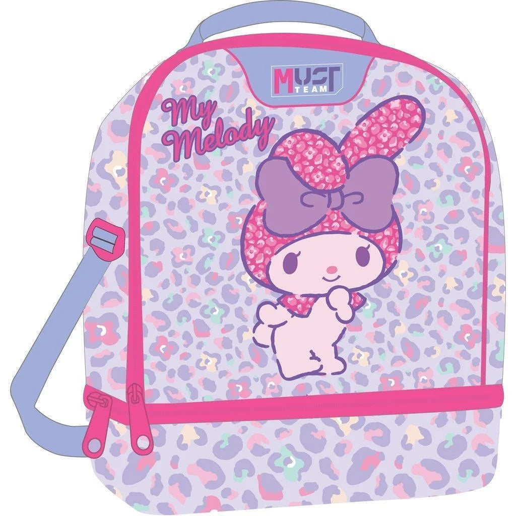 Insulated lunch bag with handle, pink and light purple My Melody bow graphic