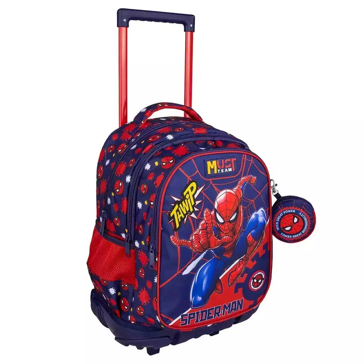 Spider-Man wheeled trolley backpack, navy/red with front artwork and pull handle