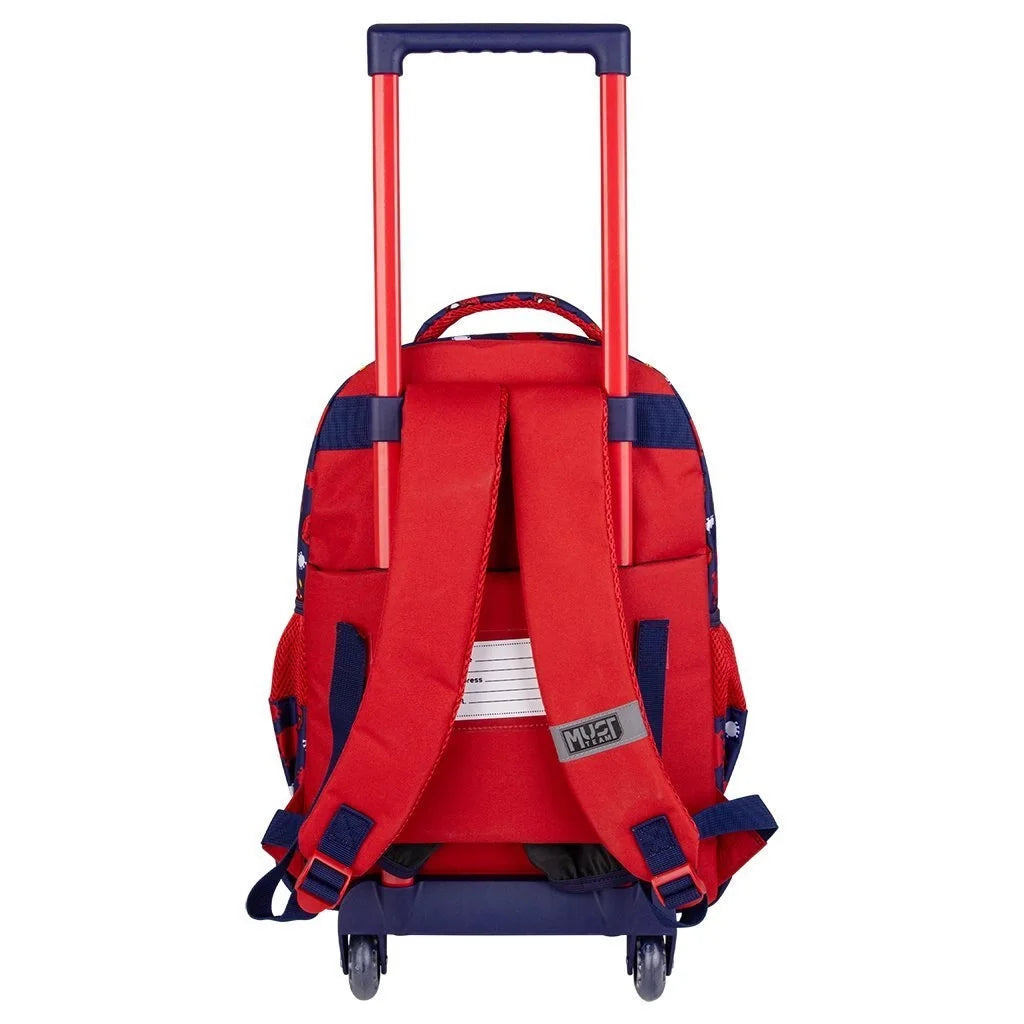 Spider-Man trolley backpack back view, navy/red with shoulder straps, wheels, pull handle