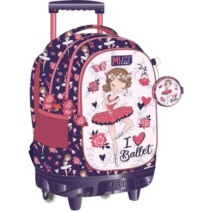 Primary school trolley bag in dark purple ballet print, roses & hearts, front zip pouch