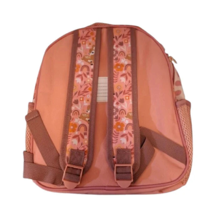 Pink and orange backpack with padded straps and central zip compartment