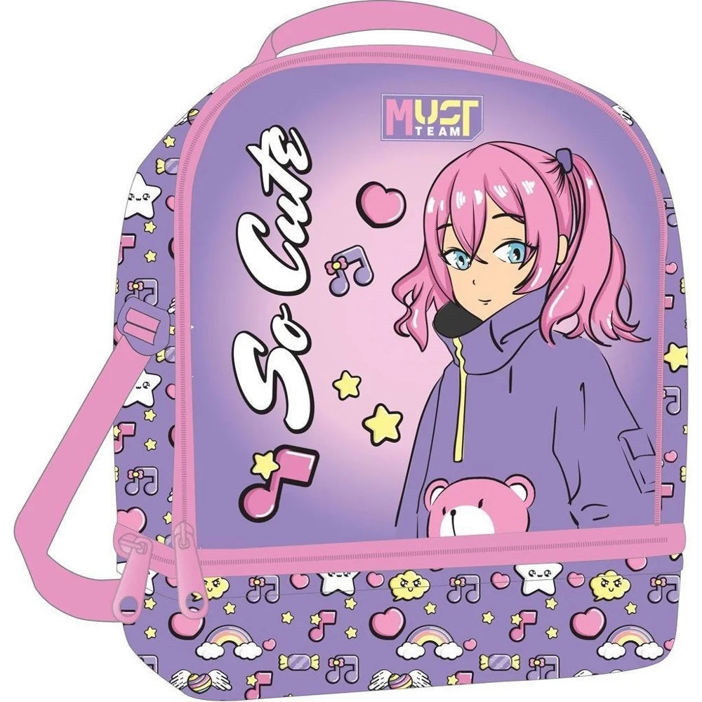 Insulated two-compartment lunch bag with anime character print, pink and purple