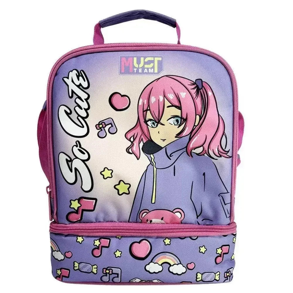 Insulated two-compartment lunch bag with anime character print, purple with pink trim