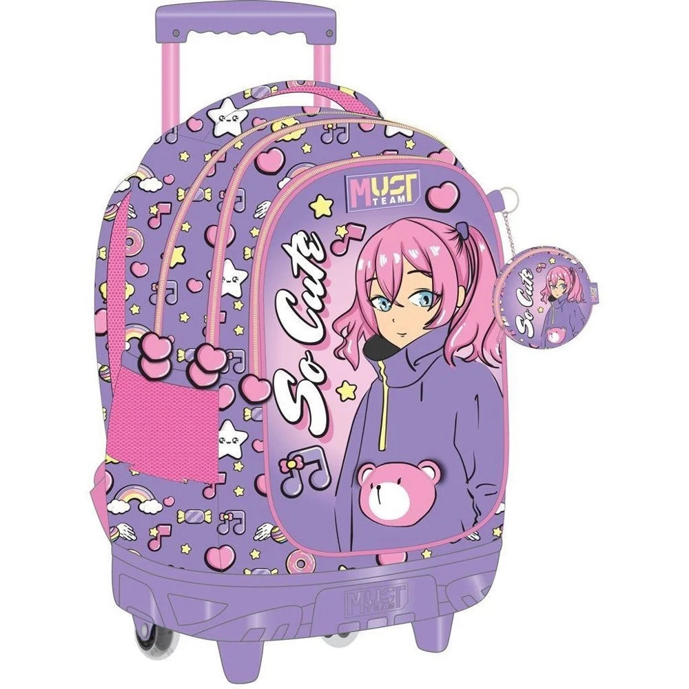 Kids trolley bag in purple and pink with music character print, front zip pocket, wheels