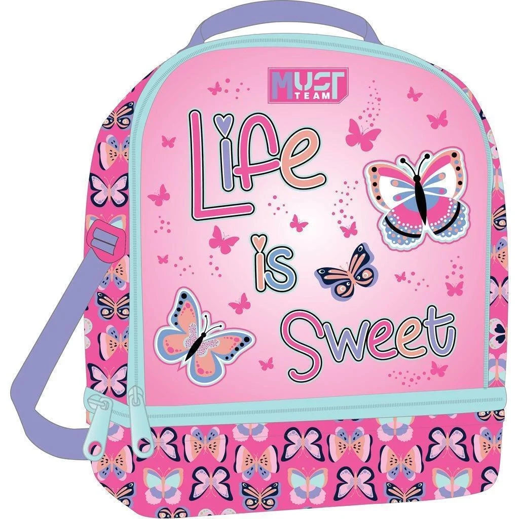 Pink insulated lunch bag with 'Life is Sweet' graphic and butterfly pattern