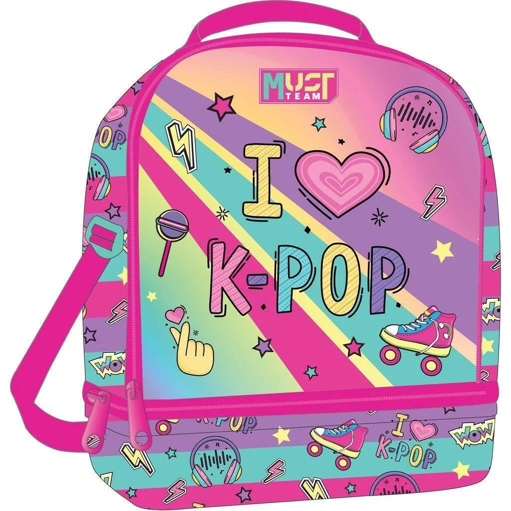 Insulated lunch bag with top handle, zipper front, pink and green K-pop graphic