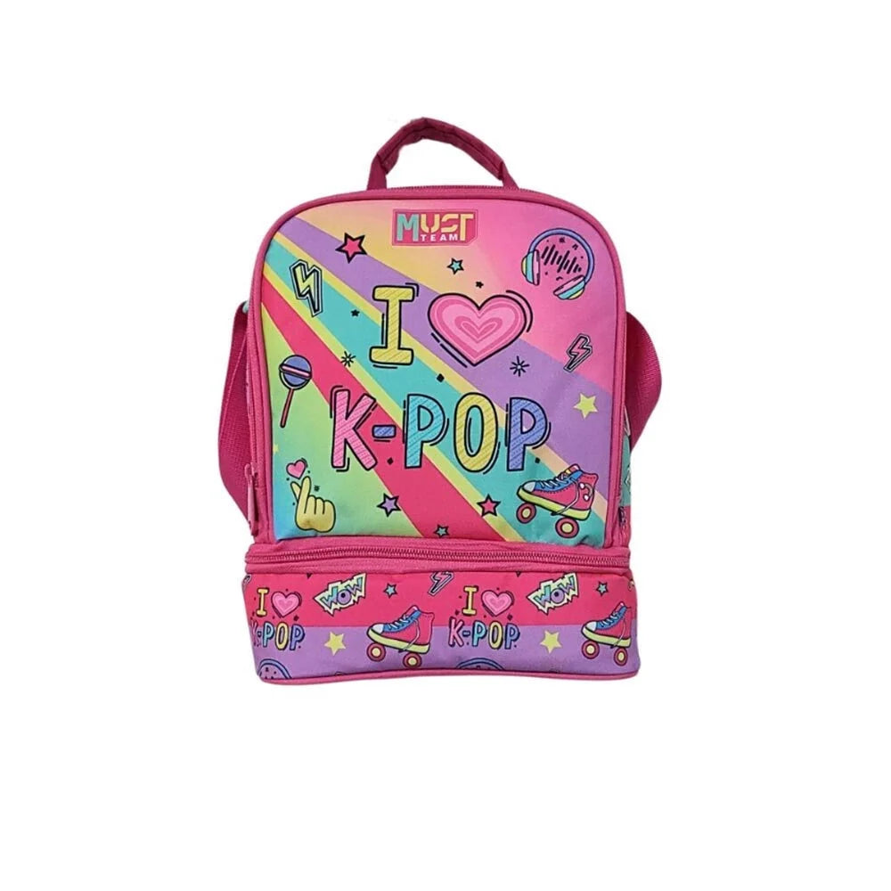 Insulated lunch bag with top handle and front zipper, pink and green K-pop print