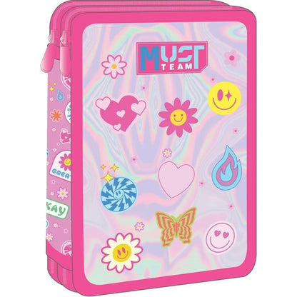 Pink double-decker pencil case with colorful sticker design front panel