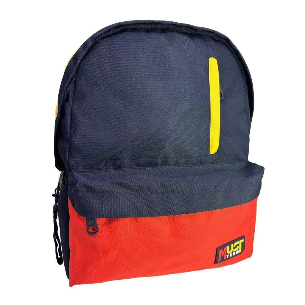 Two-tone navy and red backpack with front pocket, zip pull, and yellow vertical strap