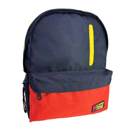 Two-tone navy and red backpack with front pocket, zip pull, and yellow vertical strap