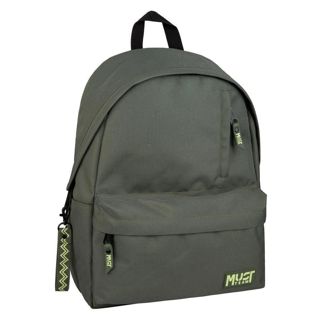 Olive green classic backpack with front pocket, top handle, and adjustable straps