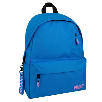 Blue classic backpack with front pocket, pink zipper pulls, and single main compartment