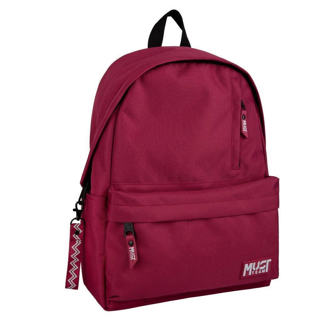 Burgundy classic backpack with grey accents, front zip pocket, and one main compartment