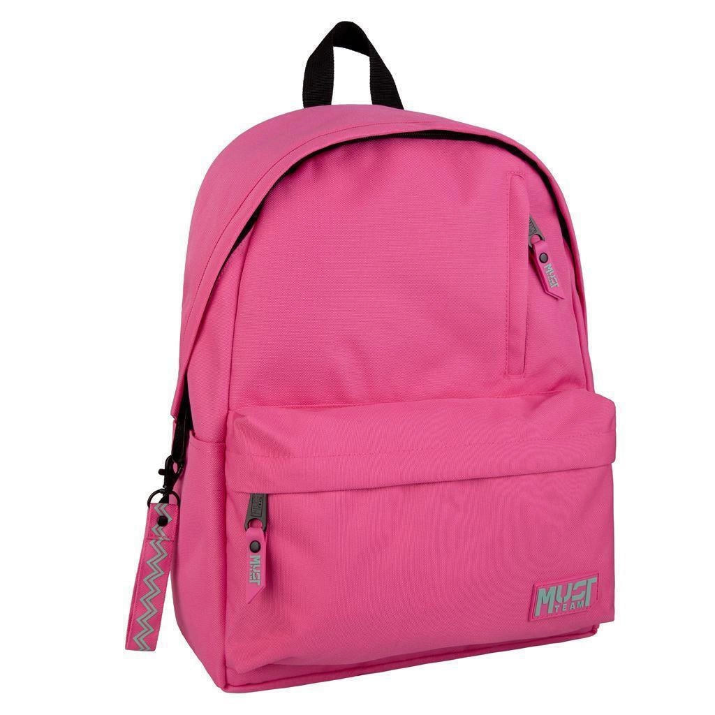 Monochrome pink backpack with mint zipper pull and front logo patch
