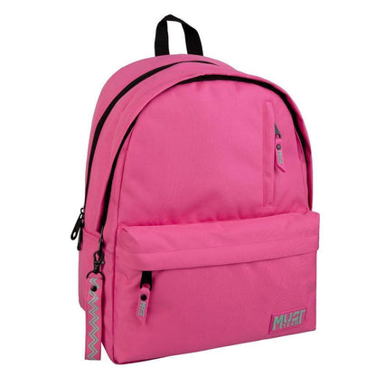 Monochrome pink backpack with front zip pocket and black accents, two main compartments