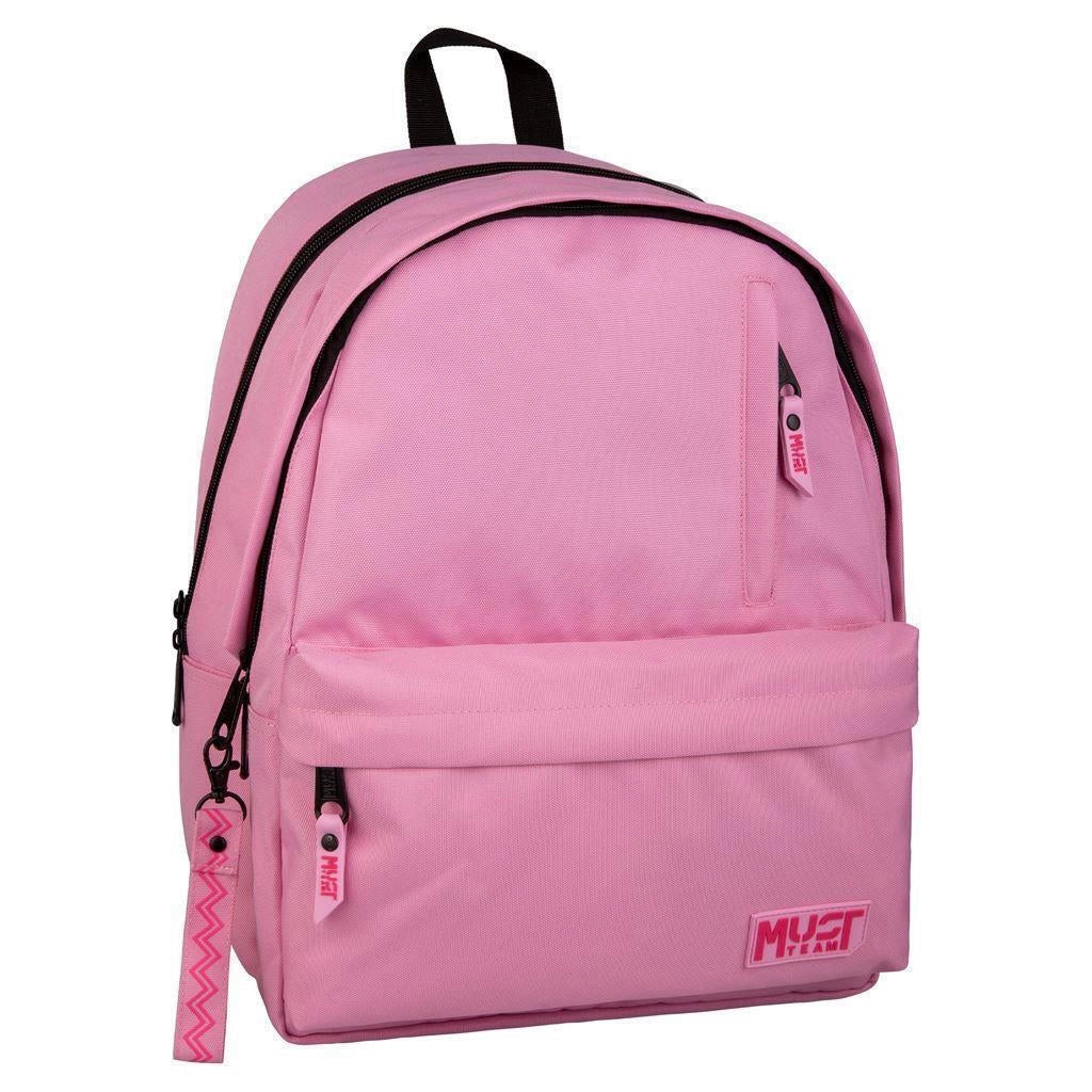 Pink backpack with black straps, front zip pocket, and Must Team logo patch
