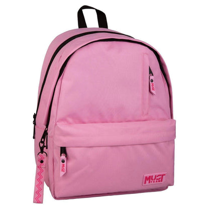 Pink backpack with black straps, front zip pocket, and Must Team logo patch