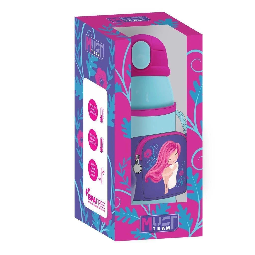 Kids vacuum flask with purple lid and light-blue body, Mermaid Team print, in box
