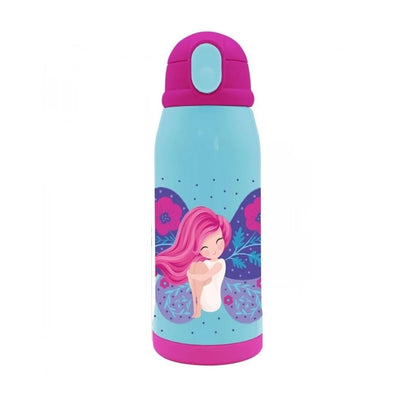 Kids vacuum flask with purple handle lid and light-blue bottle, Mermaid figure graphic
