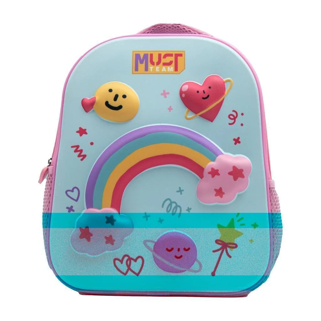 Kids EVA backpack with pink trim, 3D rainbow and cute face characters, one compartment.