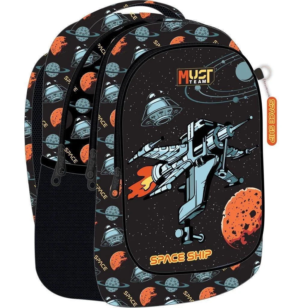 Primary school backpack, black space-themed print, front zip pocket, padded curved straps