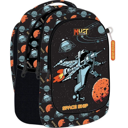 Primary school backpack, black space-themed print, front zip pocket, padded curved straps