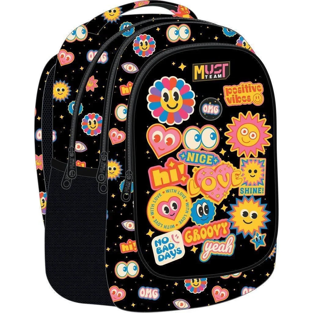 Kids backpack, black with colorful comic sticker print and front pocket