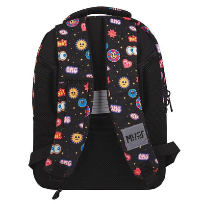 Kids backpack, black with colorful comic sticker print, back panel and adjustable straps