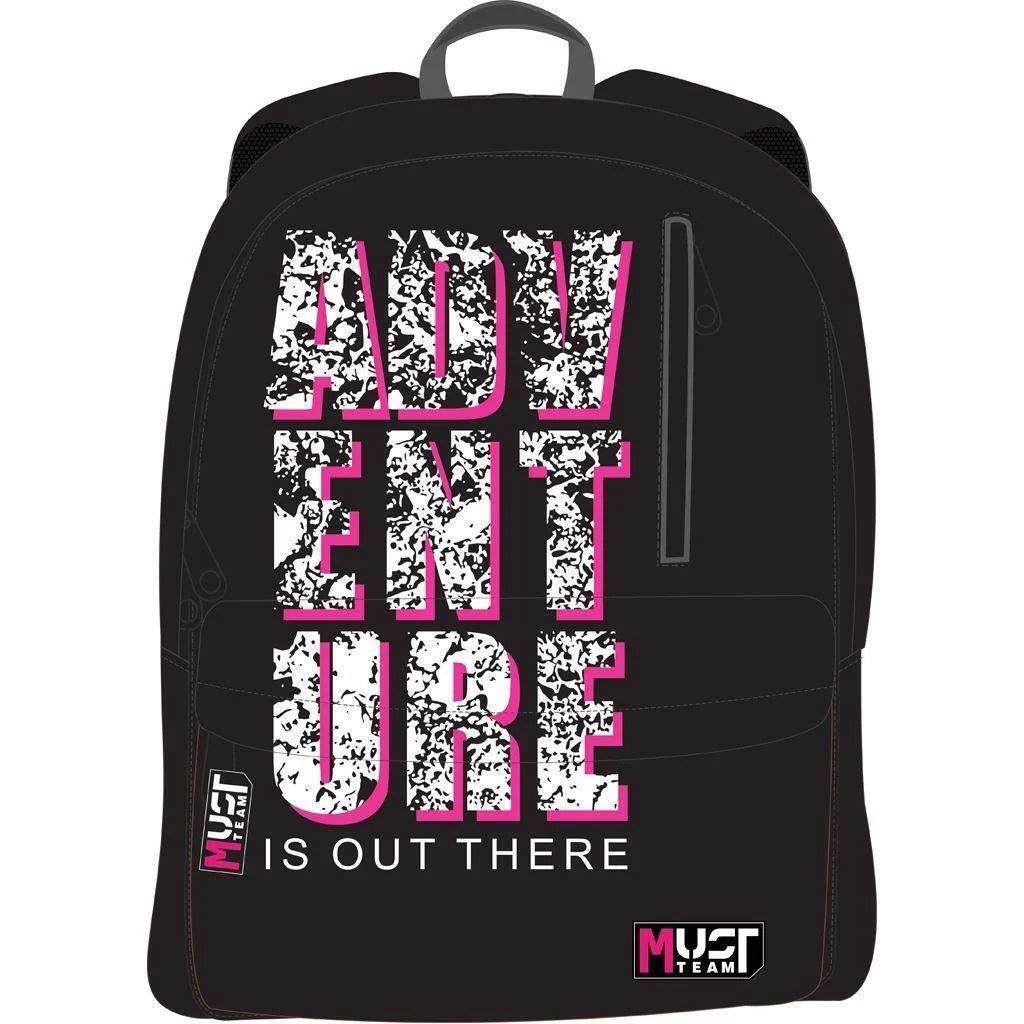 Black backpack with large pink and white graphic, front zip pocket and top handle