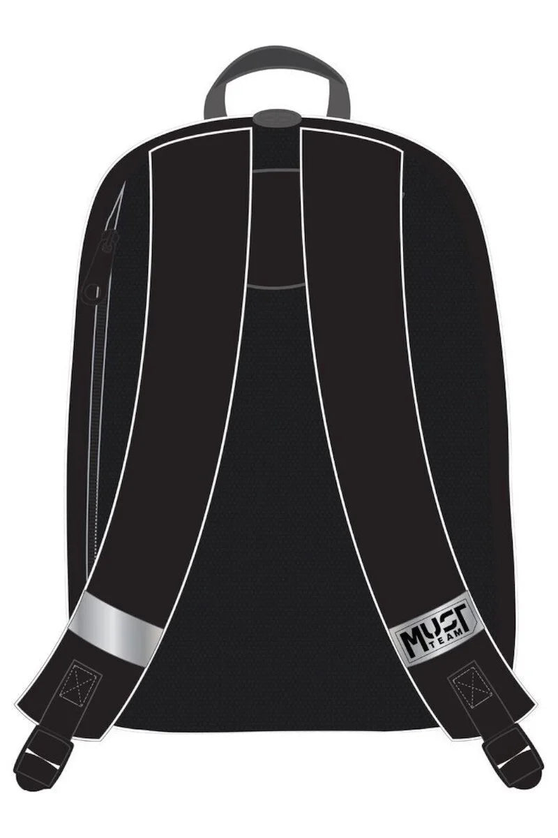 Black backpack with padded shoulder straps and back panel, top handle