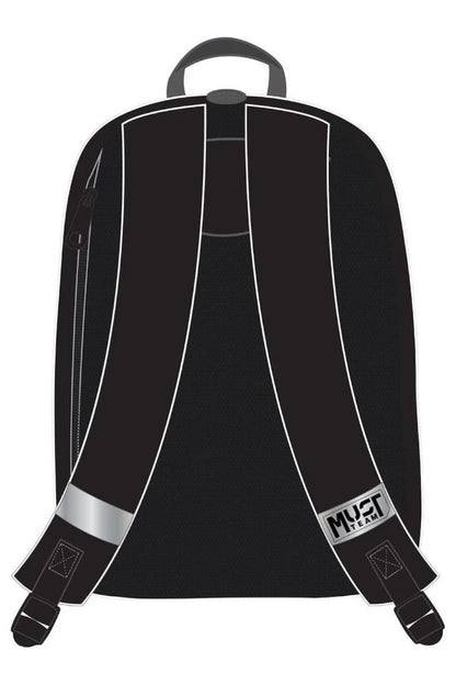Black backpack with padded shoulder straps and back panel, top handle