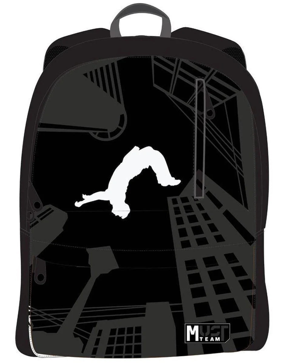 Black backpack with parkour-themed front graphic and top handle, main compartment