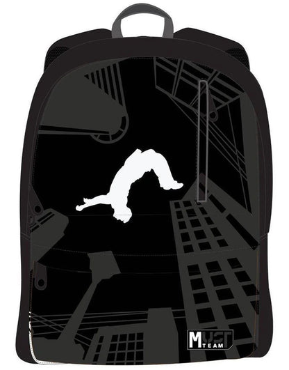 Black backpack with parkour-themed front graphic and top handle, main compartment
