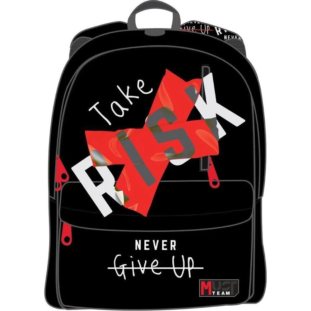 Black backpack with red Take Risk graphic, front zipper pocket, top handle