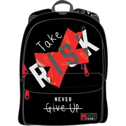 Black backpack with red Take Risk graphic, front zipper pocket, top handle