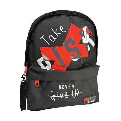 Black backpack with red and white Take Risk print, front zipper, side keychain pulls