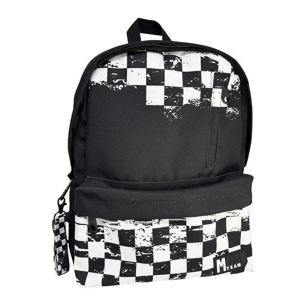 Black backpack with one main compartment, checkerboard front, top handle and zipper pocket.