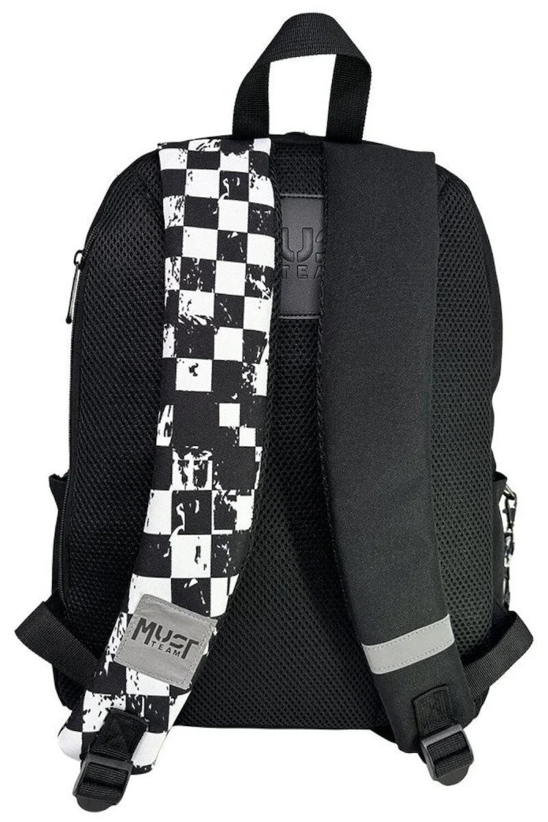 Black backpack with one main compartment, checkerboard strap, side mesh pocket, padded straps.